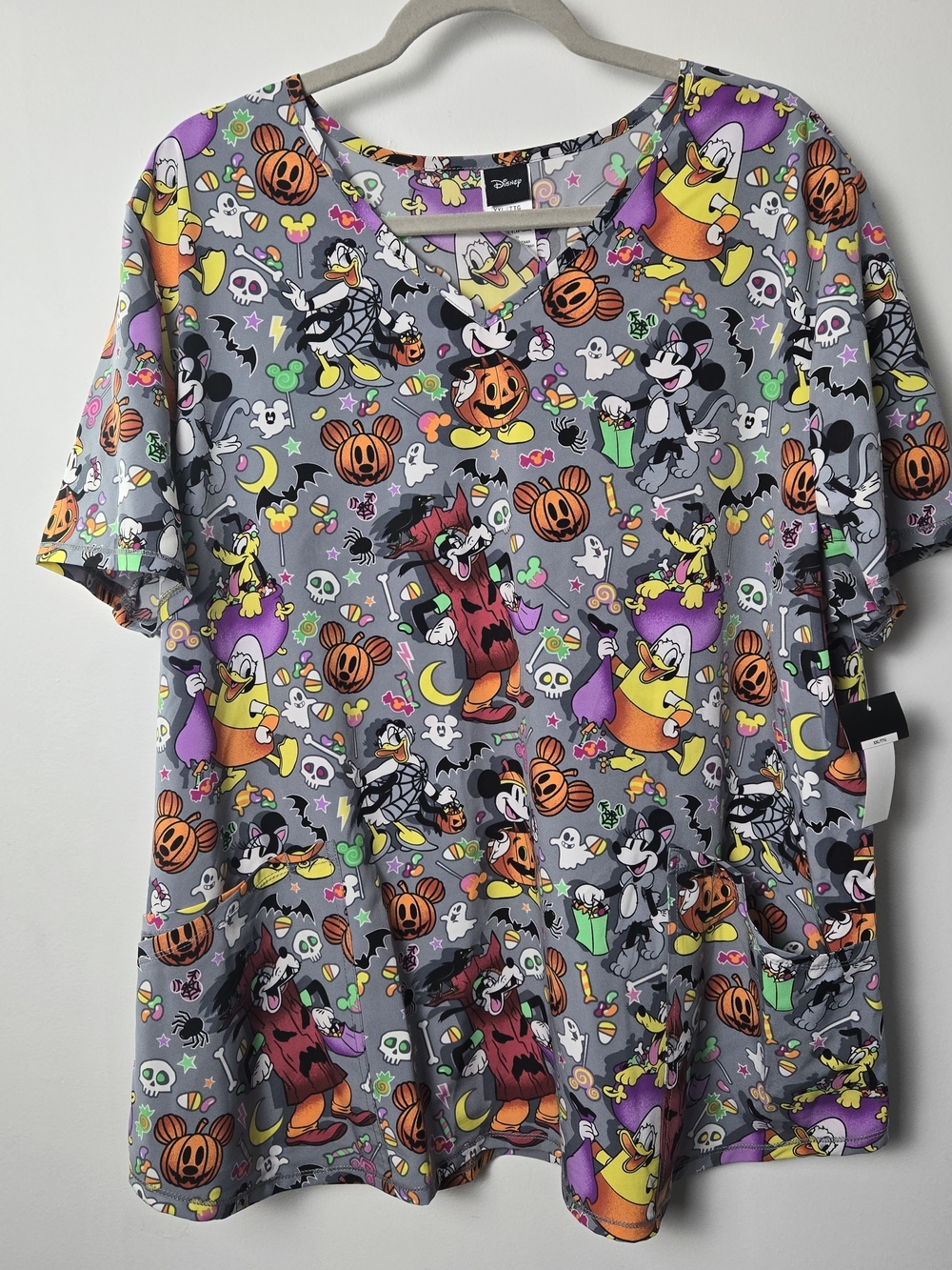 Disney Gray Halloween Character Print Scrub Top with Purple & Orange Accents